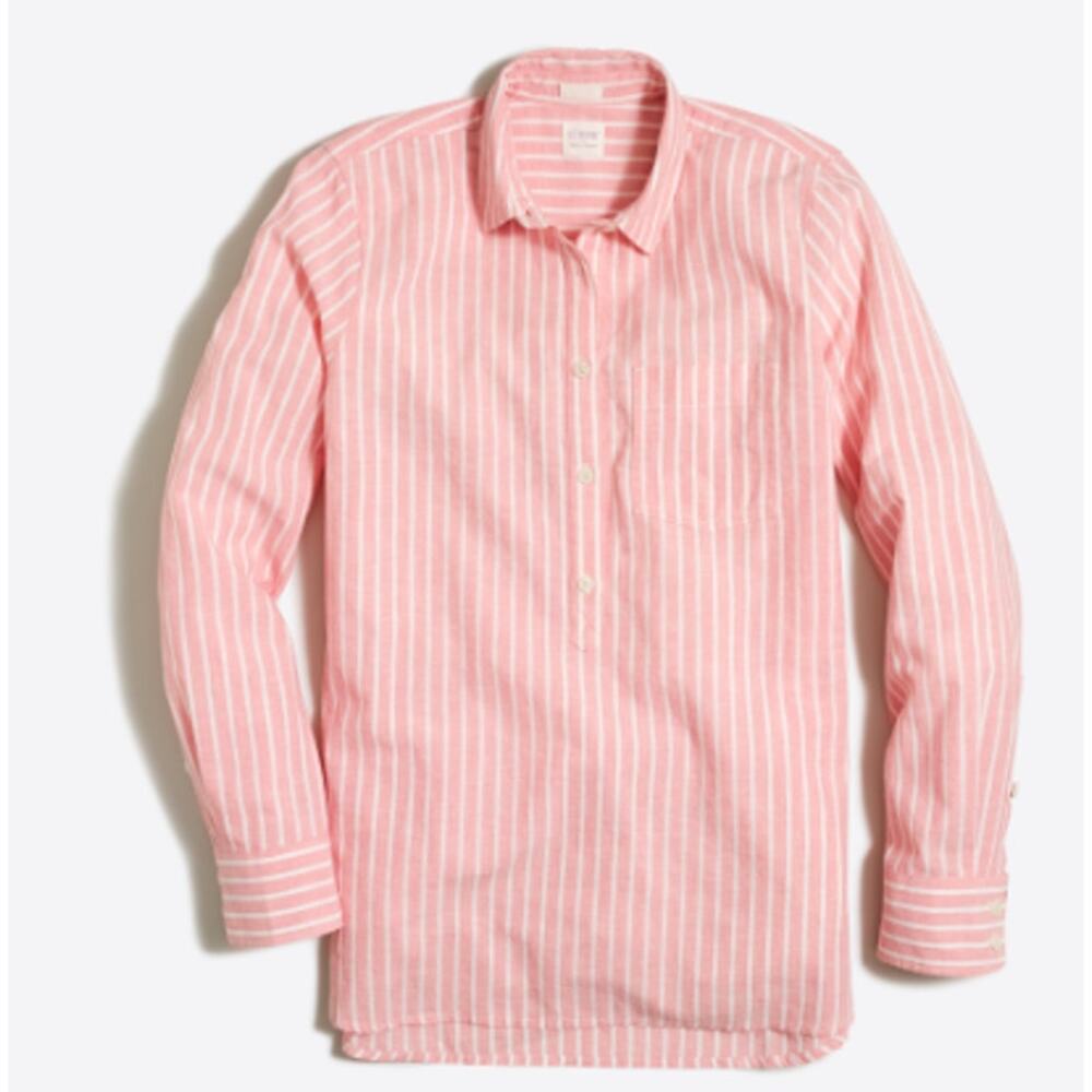 J CREW Womens Striped Washed Popover Shirt Cotton Linen Coral Pink White sz XXS